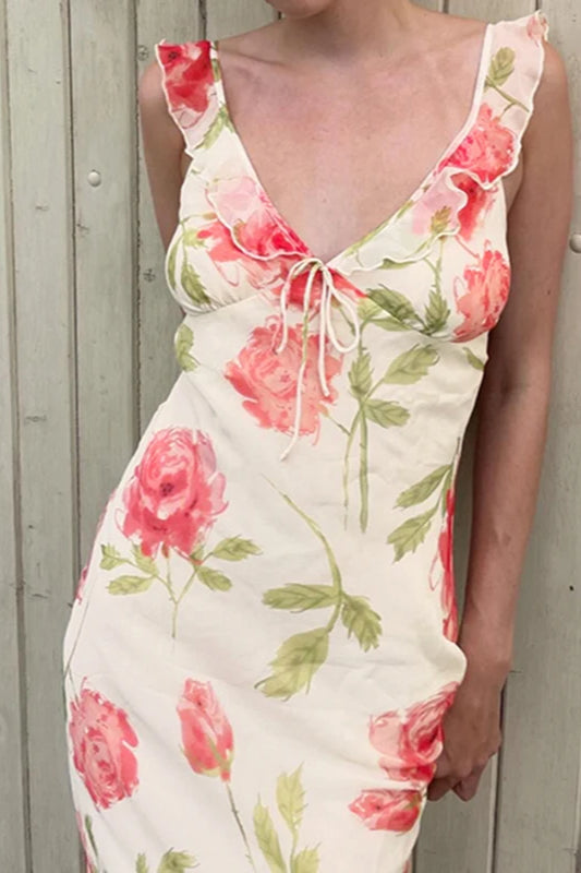 Large Floral Print Ruffle Trim Tie-Front Spaghetti Strap Chiffon Midi Dress