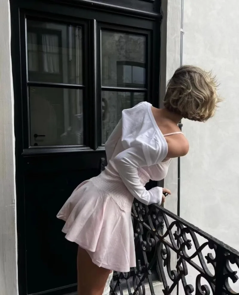 Ootddress Ruffle Knitted Dress For Women Sleeveless V Neck Slim Splice Flower Sundress Ladies Casual Fashion Y2k Solid Dress Woman