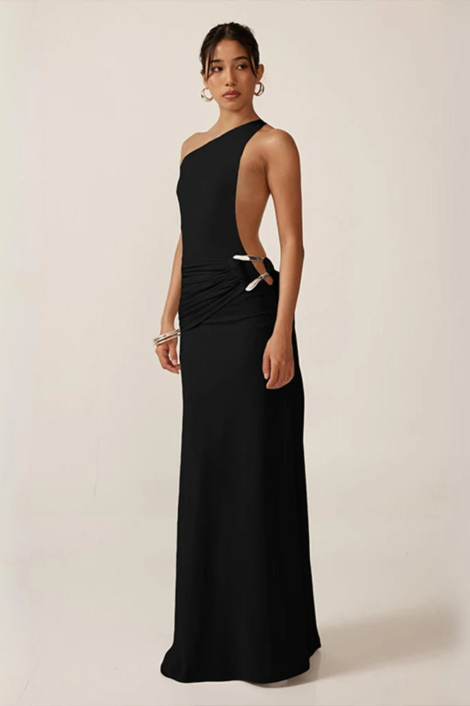 High Neck Backless Side Cutout Ring Buckle Maxi Dress