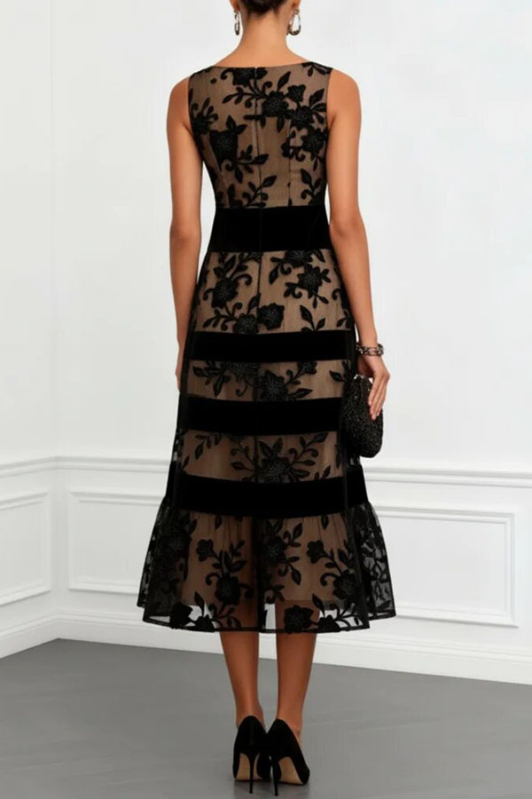 Rosmie Flower Mesh Lace Colorblock Boat Neck Sleeveless A-Line Midi Dress