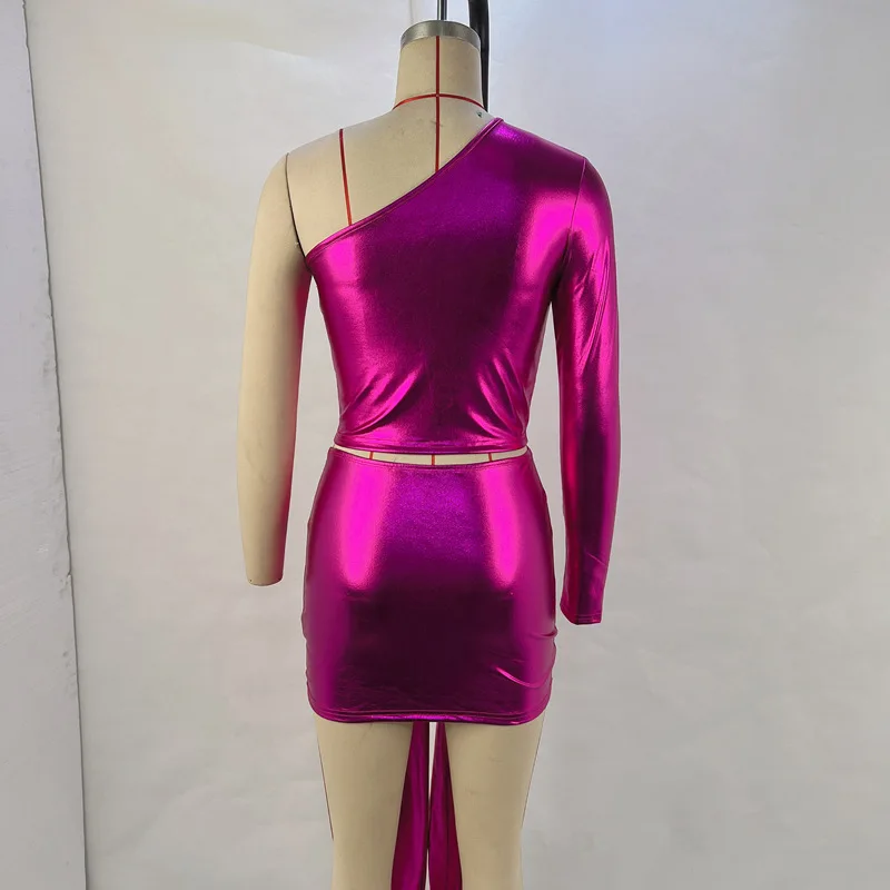 Ootddress Fashion Sexy One Shoulder Set Women Top Wrap Hip Short Skirt Lace up Spicy Girls Two Piece Set Tight Party Nightclub