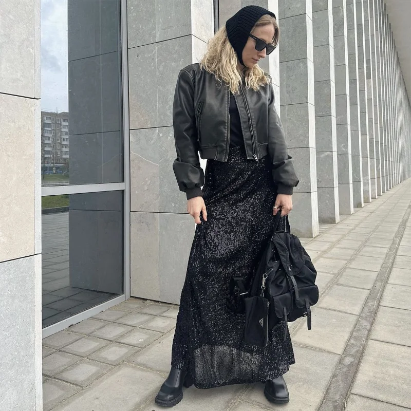 Ootddress Sequins Loose Dress Sets Women Long Sleeve Crop Tops High Waist Sexy Maxi Skirts Ladies Two Piece Suits Womens Outifits