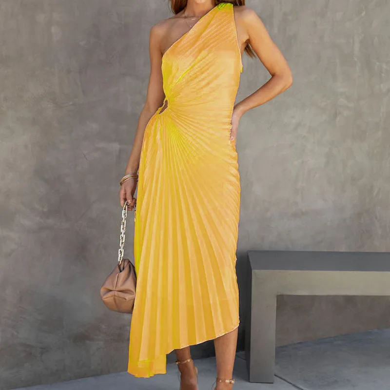 Ootddress Elegant Female Sexy Dress Gown Pleated One-Shoulder Sleeveless Summer Party Dress Fashion Slim Solid For Women Maxi Dress