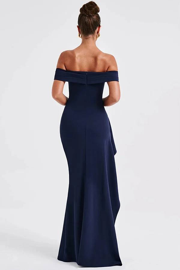 Off Shoulder Ruched High Split Bodycon Maxi Dress