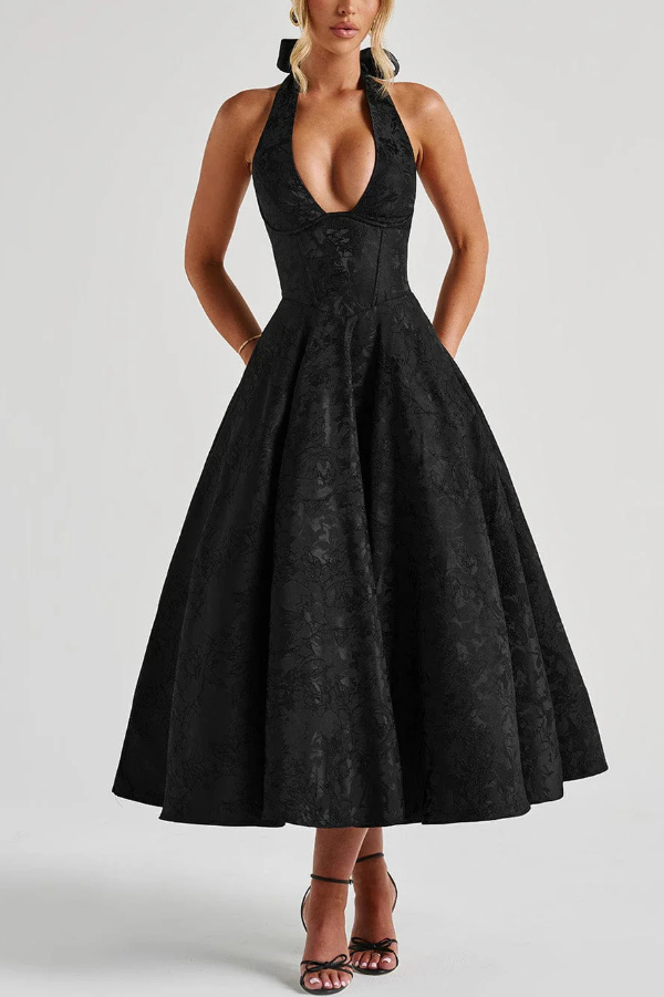 Stylish Jacquard Halter Neck Fitted Waist Open Back Elegant Midi Dress
