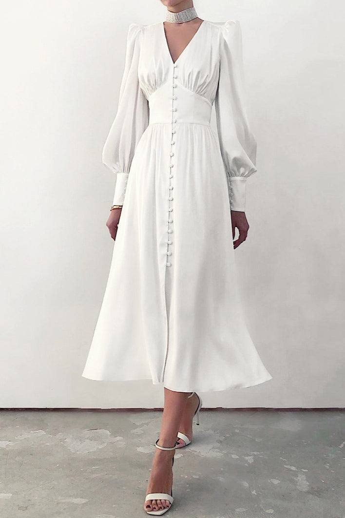 Deep V-Neck Lantern Sleeve Button Front Cinched Waist Satin Midi Dress
