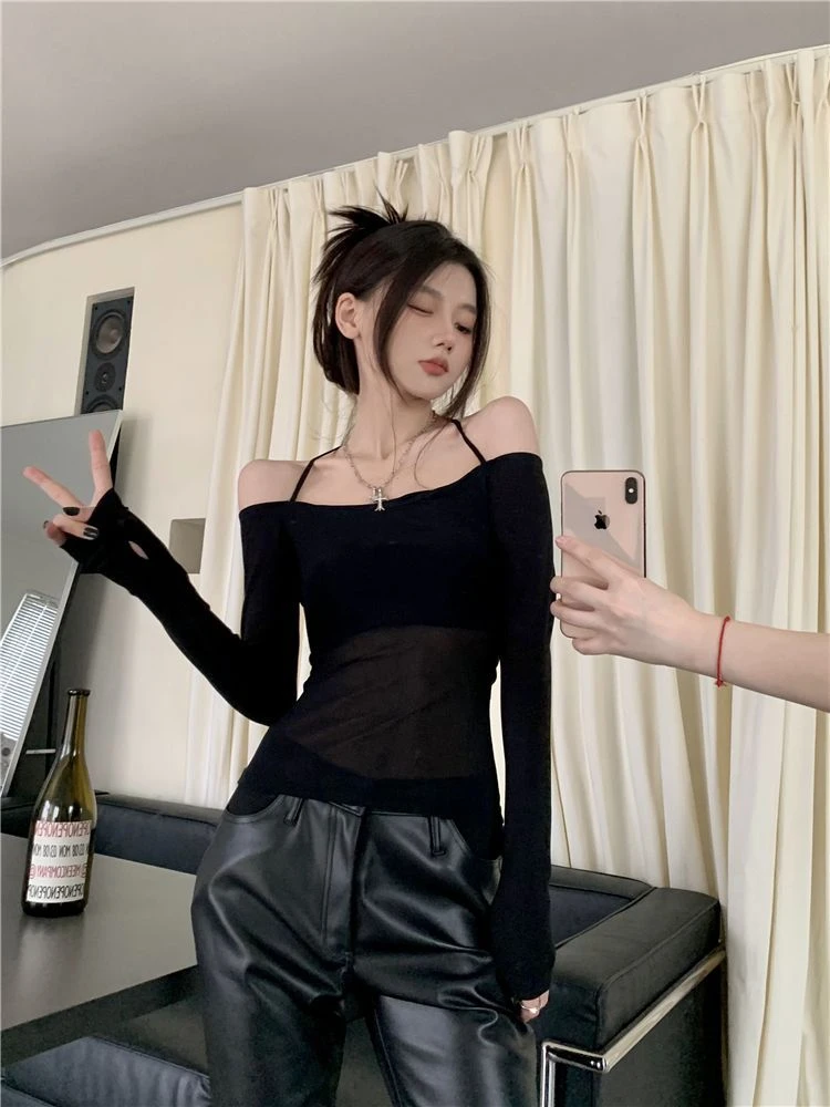 Long Sleeve Top Womens Halter 2025 Casual Tee Shirt Gauze Trendy Off Shoulder T Shirts Femme Y2k Crop Top Streetwear Party Club 11 Long Sleeve Top Womens Halter 2025 Casual Tee Shirt Gauze Trendy Off Shoulder T Shirts Femme Y2k Crop Top Streetwear Party Club