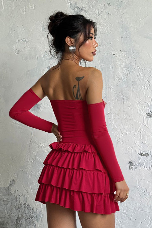 Grommet Trim Off-Shoulder Long Sleeve Tiered Ruffle Bodycon Mini Dress