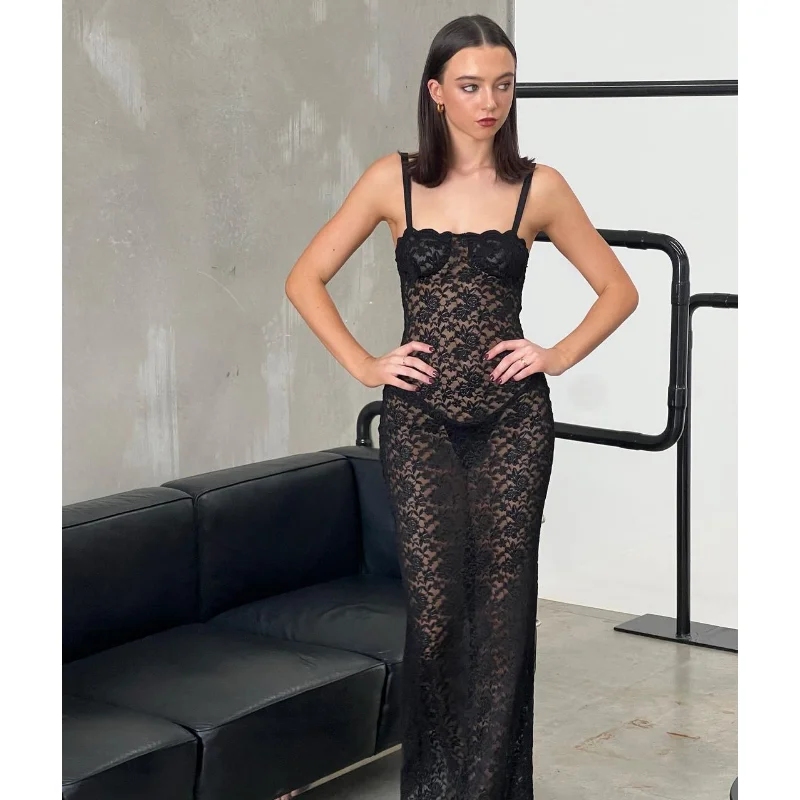 Ootddress Lace Black Dress Female Slim Hollow Out Spaghetti Backless Dress Elegant Party Evening Gown Split Women Maxi Dress Summer