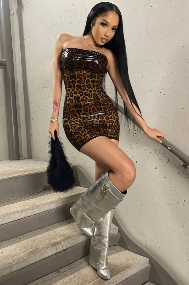 Strapless Glossy Print Bodycon Tube Mini Dress
