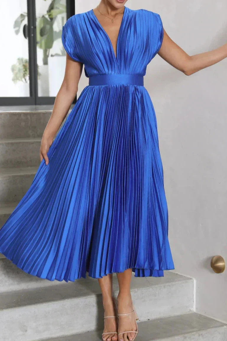 Satin Accordion Pleat Cap Sleeve Deep V-Back Tie Neck Midi Dress