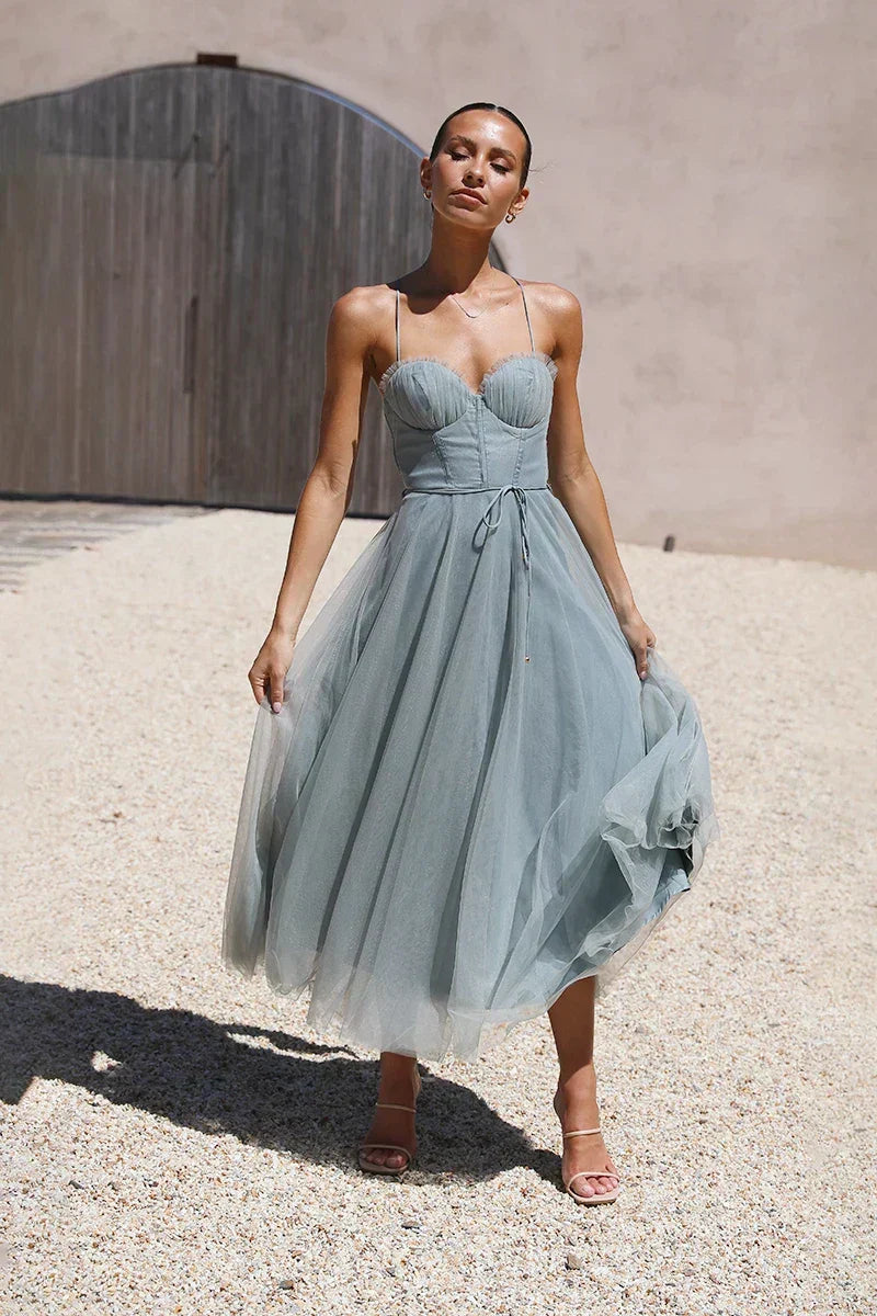 Sweetheart Neck Spaghetti Strap Ruched Bustier Self Tie Tulle Skirt Midi Dress