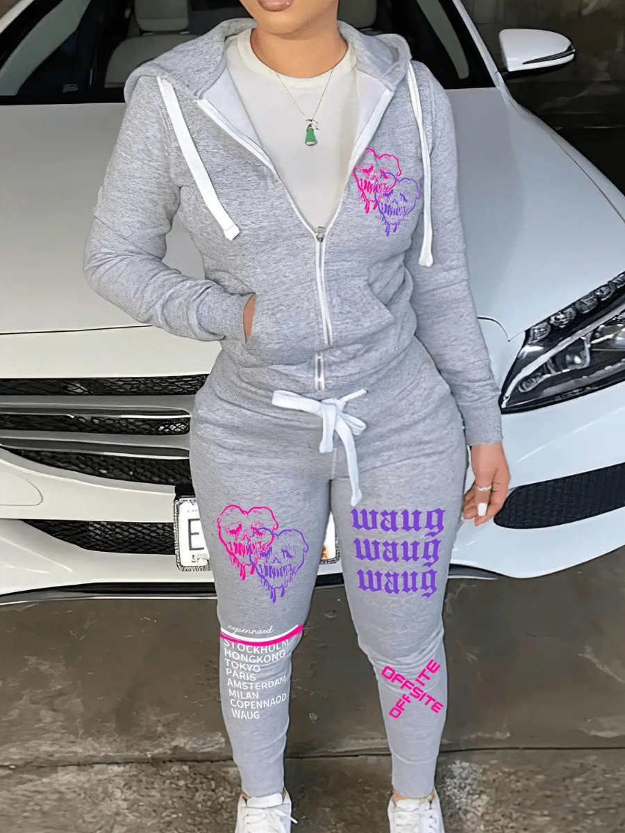 Simple Two Piece Set Women Casual Sporty Long Sleeve Zipper Design Top Hooded Collar Broken Heart Print Female Tracksuit Set