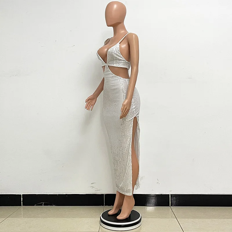 Sexy Hollow High Waist Slit Evening Dress Fashion Sequined Backless Sleeveless Elegant Party Dresses Solid Long Graduation Dress 130 undefined