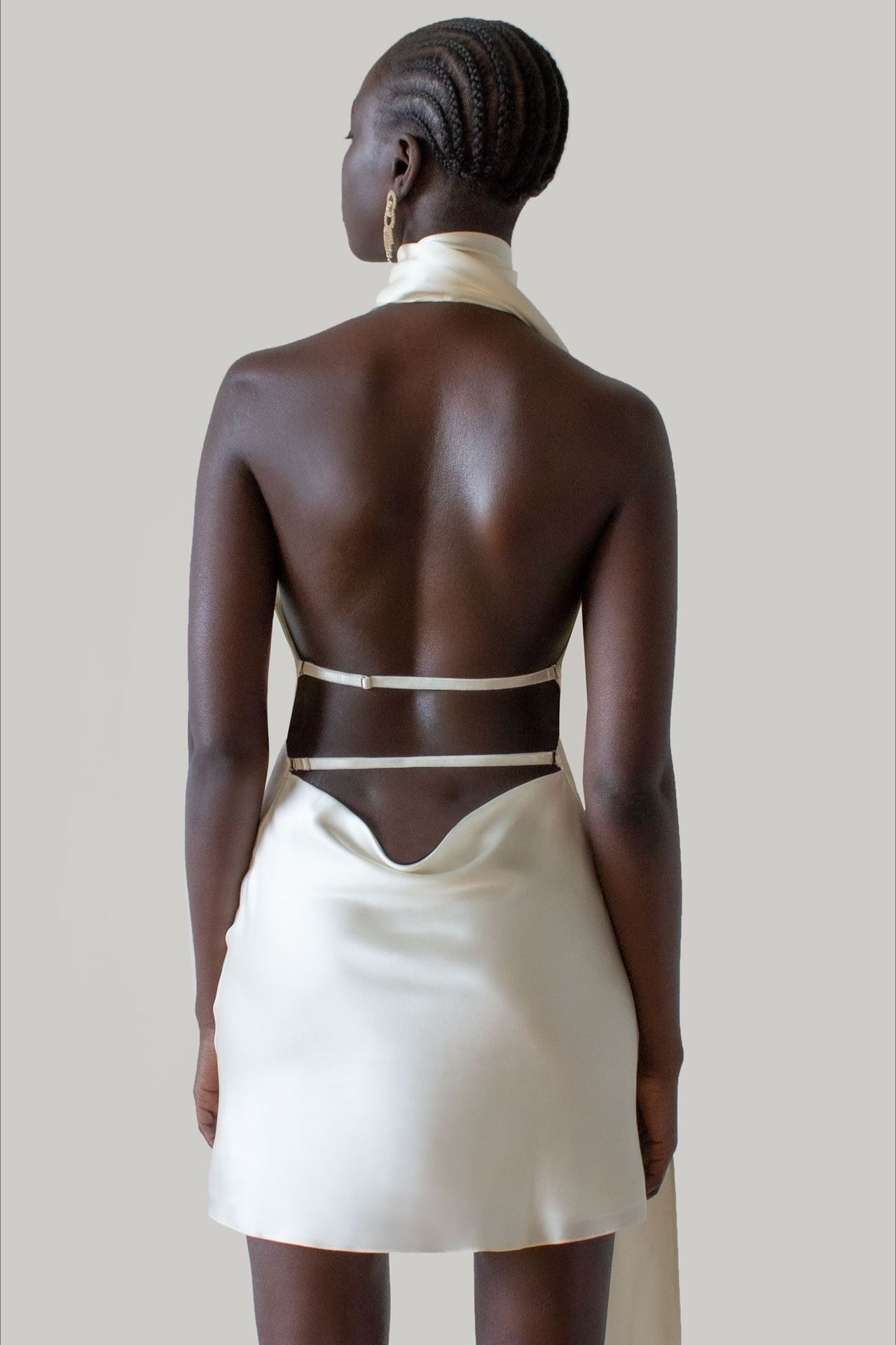 Halter Neck Sash Scarf Draped Satin Backless Mini Dress