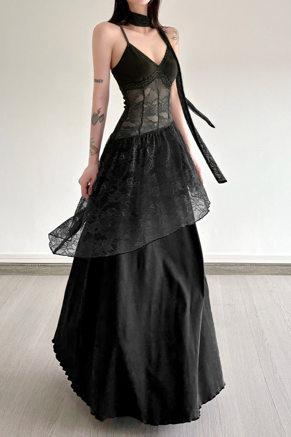 Lace Panel Spaghetti Strap Waist Tie Asymmetric Overlay Maxi Dress