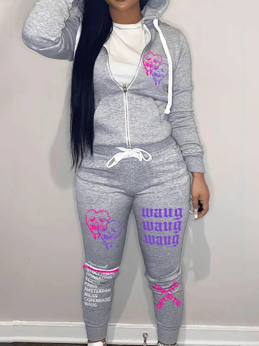 Simple Two Piece Set Women Casual Sporty Long Sleeve Zipper Design Top Hooded Collar Broken Heart Print Female Tracksuit Set