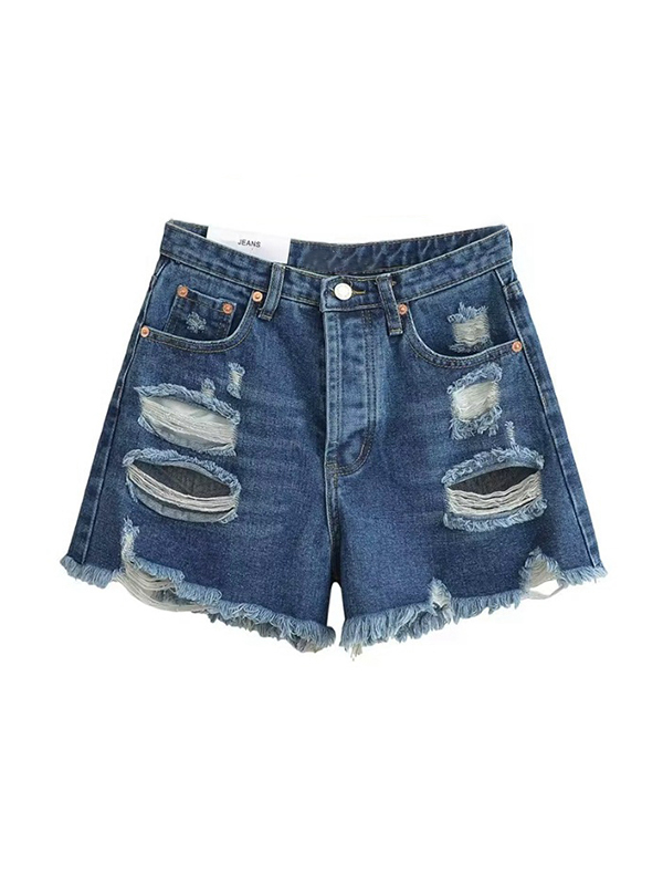 High Waist Ripped Burr Denim Shorts