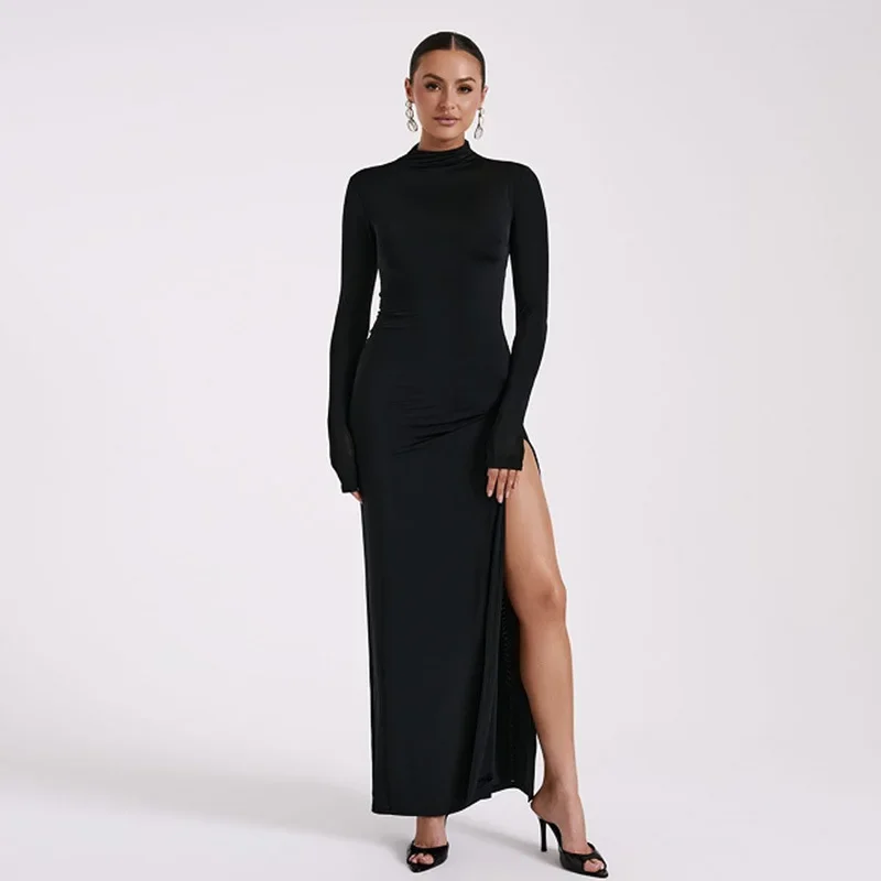 Ootddress Side Slit Back Dress Women Sexy Backless Temperament Long Sleeve Dresses Lady Party Elegant Bodycon Evening Dress Woman