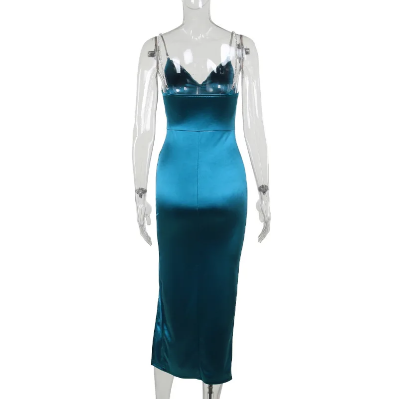Ootddress Sexy Spaghetti Strap New Bag Buttocks Long Dress Sexy Suspender Slit Dress Diamond Shoulder Strap Party Nightclub Dress