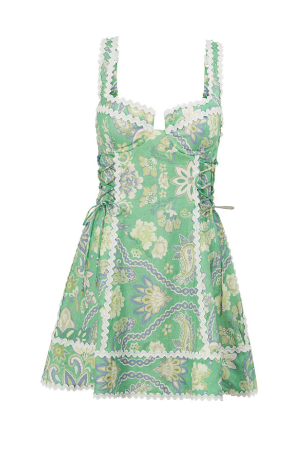 Unique Printed Serrated Trim Suspender Side Tie Vacation Mini Dress