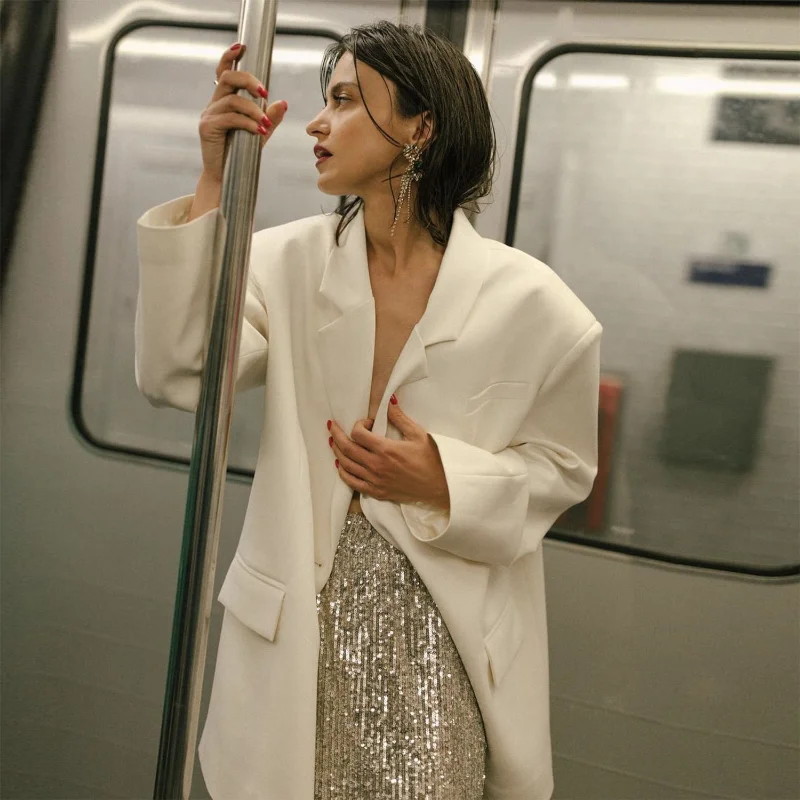 Ootddress Sequins Loose Dress Sets Women Long Sleeve Crop Tops High Waist Sexy Maxi Skirts Ladies Two Piece Suits Womens Outifits