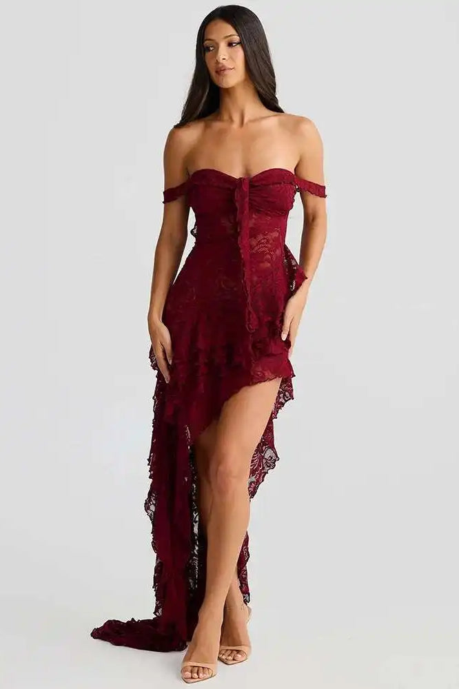 Floral Lace Off-Shoulder Tie-Front Tiered High-Low Ruffle Midi Dress