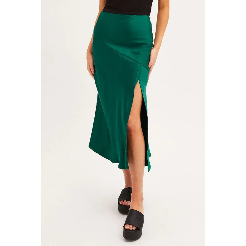 Ootddress Satin High Waist Slim Long Skirt Patchwork For Women Split Elegant Fashion High Street Solid Maxi Skirt Summer Maxi Skirt