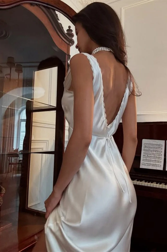 Satin Lace Trim Empire Waist Gathered Bodice Bias Cut Midi Slip Dress