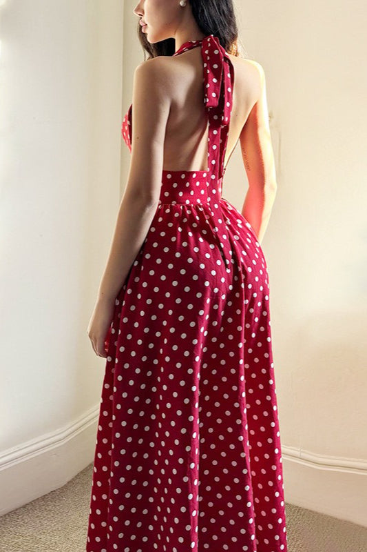 Polka Dot V-Neck Wide Strap Fit and Flare Midi Dress