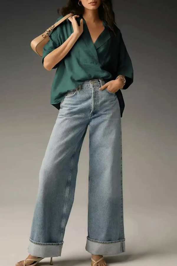 Solid Color Loose Lapel Short-sleeved Casual Shirt