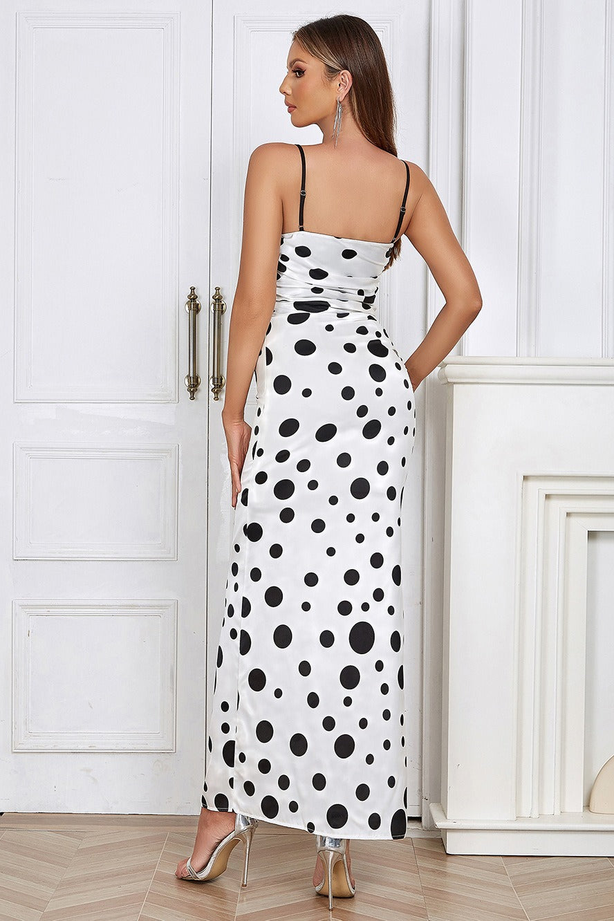 Polka Dot Sweetheart Cowl Neck Ruched Bodycon High Split Maxi Dress