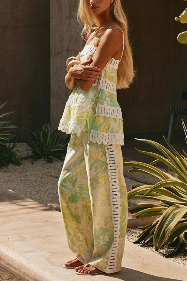 Summer Elegant Printed Curved Crochet Trim Camisole Top and Elastic Waist Casual Pocket Wide-leg Pants Set