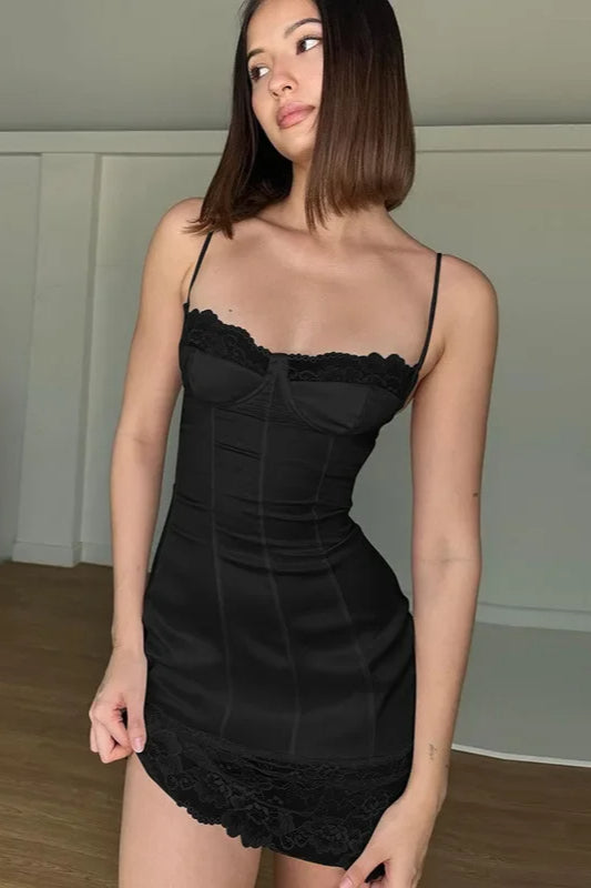 Sweetheart Corset Lace Trim Scalloped Hem Spaghetti Strap Bodycon Mini Dress