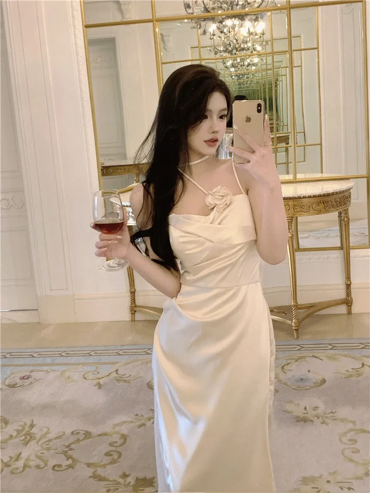 Elegant Solid Satin Midi Dress Women Spaghetti Strap Bodycon 3D Flower High Waist Slim Evening Party One Piece Lady Vestidos