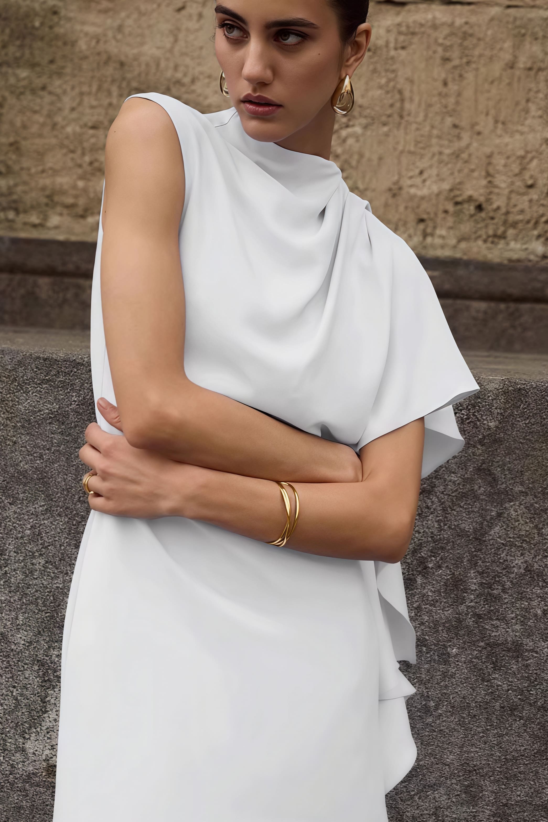 Mock Neck Asymmetric Draped Cape Panel Mini Dress