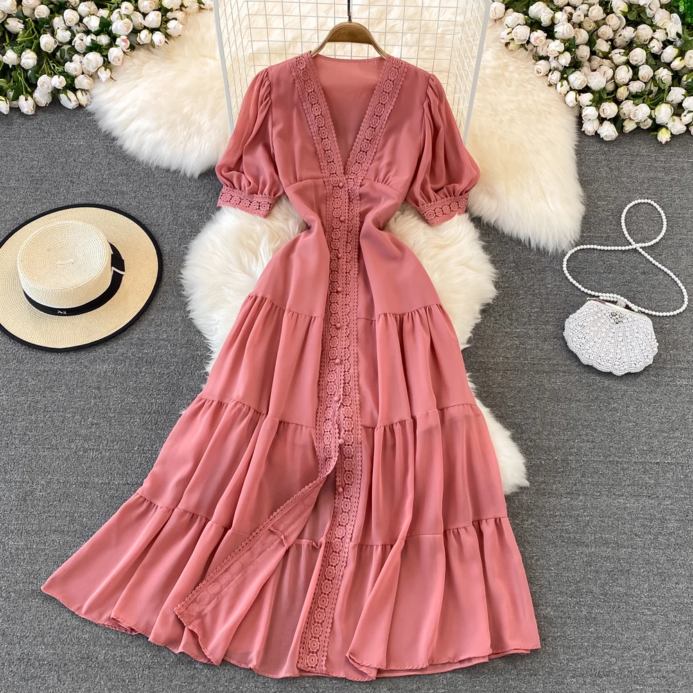 New Women Vintage Party Dress Summer Puff Sleeve Sexy V Neck Lace Single-breasted Long Dresses Ladies A Line Elegant Long Robe 20 New Women Vintage Party Dress Summer Puff Sleeve Sexy V Neck Lace Single-breasted Long Dresses Ladies A Line Elegant Long Robe