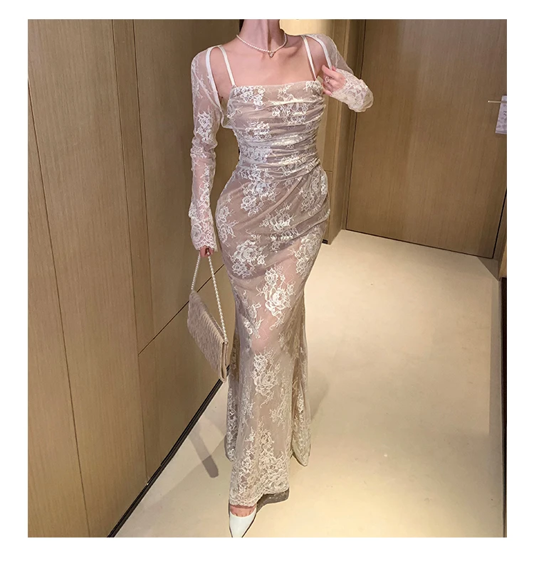 Sexy Bodycon Lace Long Dresses for Women Wedding Party Dress Spaghetti Strap with Smock French Vintage Evening Maxi Vestidos New 18 Sexy Bodycon Lace Long Dresses for Women Wedding Party Dress Spaghetti Strap with Smock French Vintage Evening Maxi Vestidos New