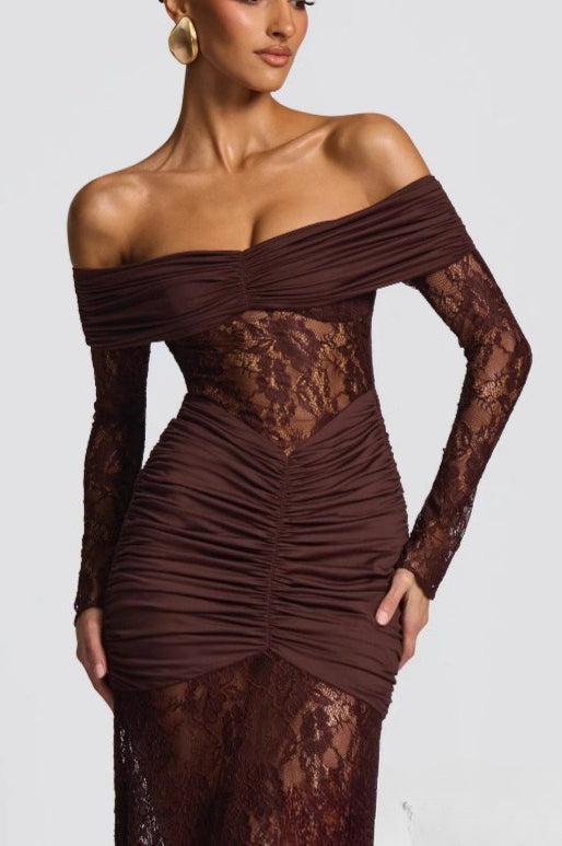 Lace Off Shoulder Long Sleeve Ruched Panel Cut Out Mermaid Maxi Dress