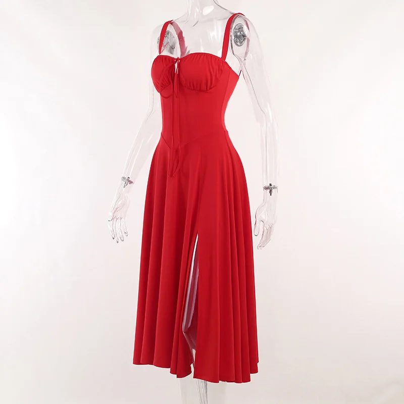 Ootddress Elegant Backless Split Midi Dress For Women Robe Spaghetti Strap Sleeveless Lace-up Pleated Party Long Dress Vestido
