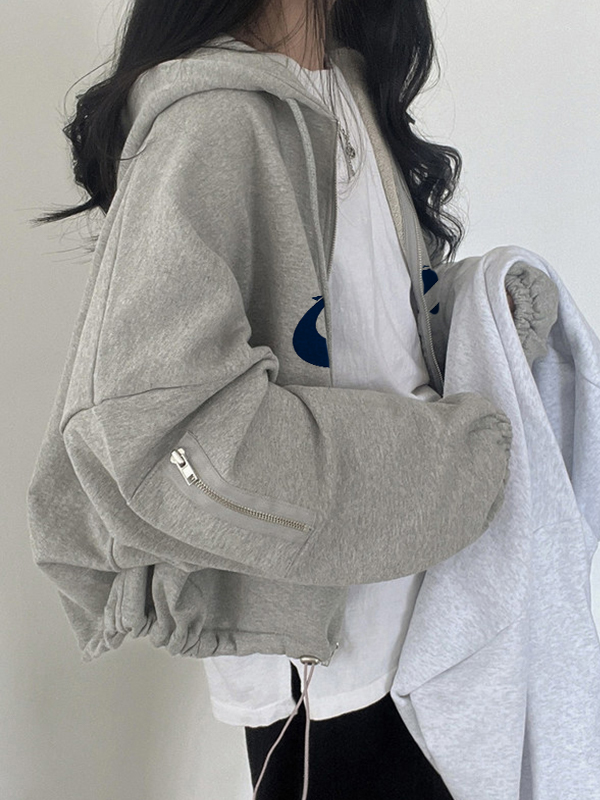 Star Print Zipper Drawstring Hem Oversized Hoodie
