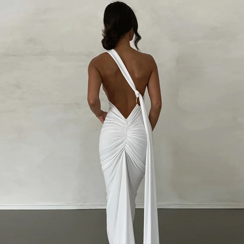 Ootddress Oblique Shoulder Backless Maxi Dress For Women Gown Summer Back Strap Sleeveless Ruched Party Sexy Long Dress Vestidos