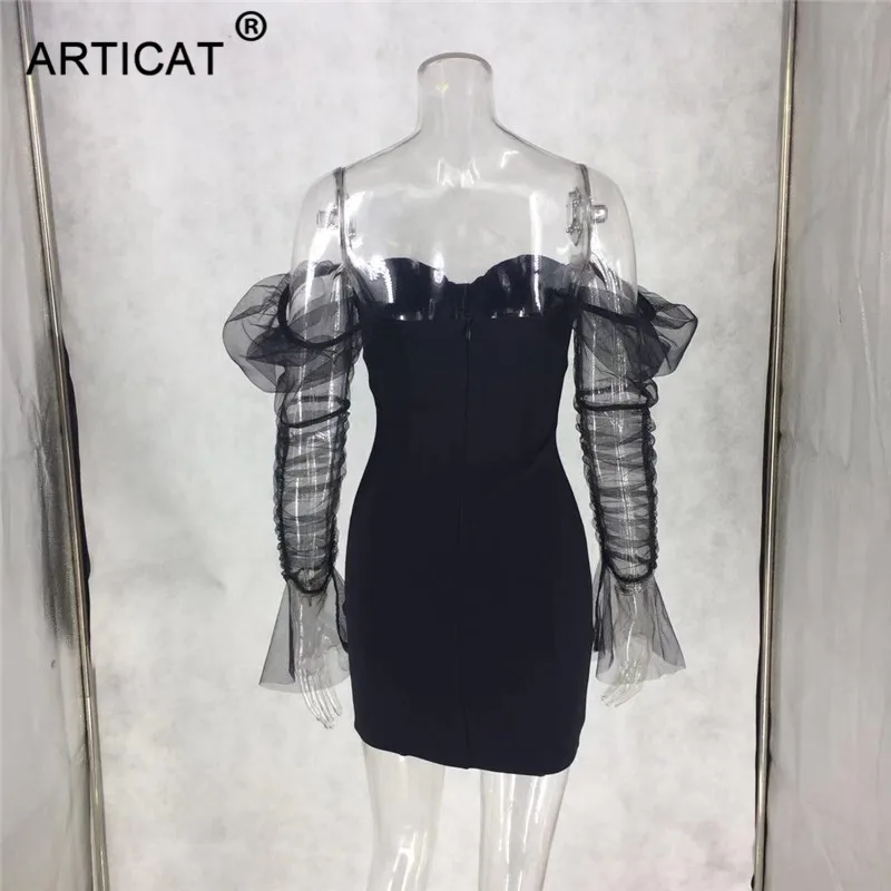Ootddress Sexy Mesh Puff Sleeve Party Dress Women Low Collar Backless Patchwork Red Mini Dress Nightclub 2020 Spring Vestidos