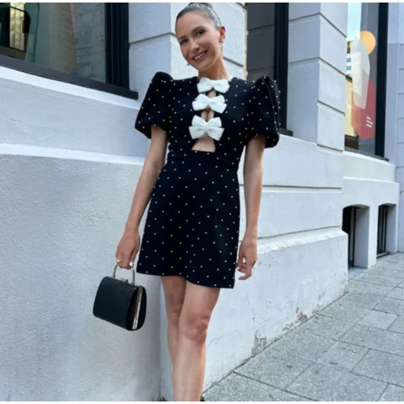 Fashion Puff Sleeve Bow Mini Dress For Women 2025 Spring Summer Solid High-waist Short Dresses Female Elegant Chic Party Looks