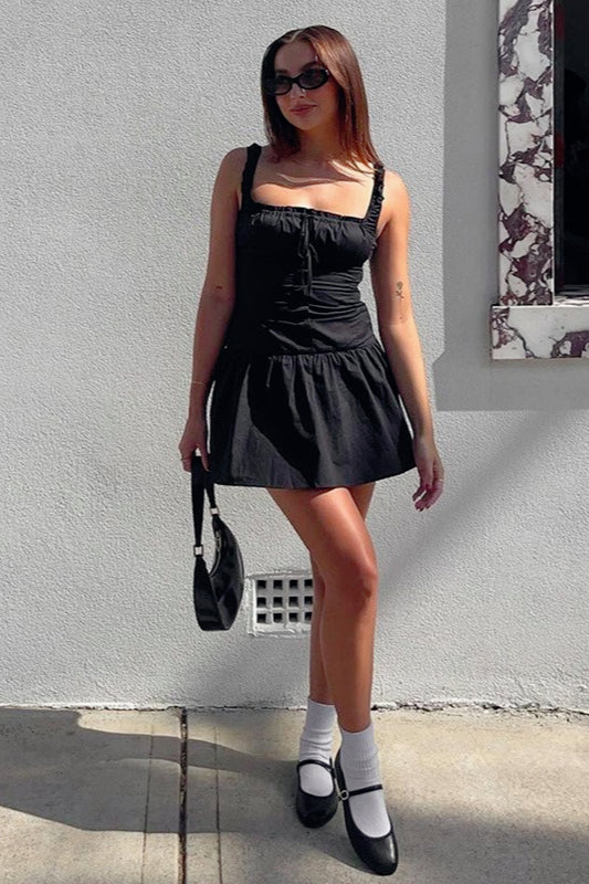 Square Neck Ruffle Strap Button Front Drop Waist Fit and Flare Mini Dress