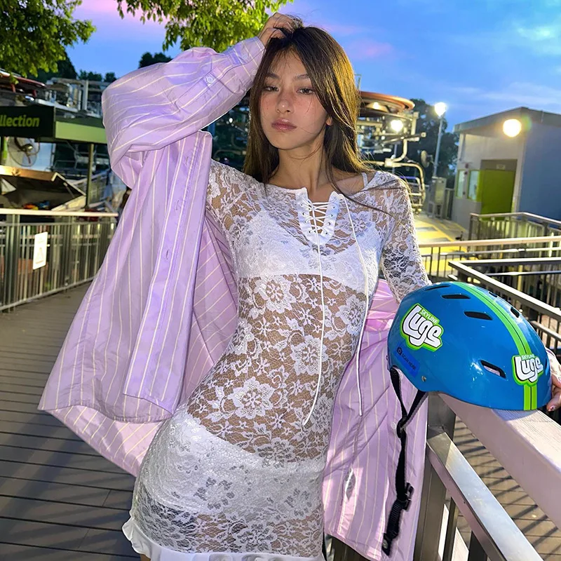 Fantoye Sexy See Through Lace Women Dress White Off Shoulder Flare Sleeve Dress Female Spring Slim Elegant Party Streetwear 2025