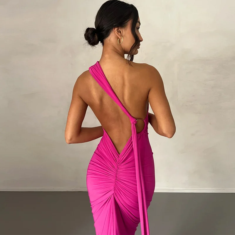 Ootddress Oblique Shoulder Backless Maxi Dress For Women Gown Summer Back Strap Sleeveless Ruched Party Sexy Long Dress Vestidos