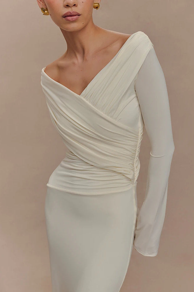 Off Shoulder Ruched Wrap Long Sleeve Column Maxi Dress