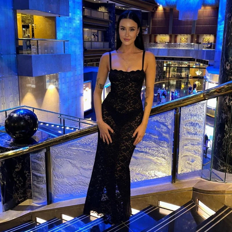 Ootddress Lace Black Dress Female Slim Hollow Out Spaghetti Backless Dress Elegant Party Evening Gown Split Women Maxi Dress Summer