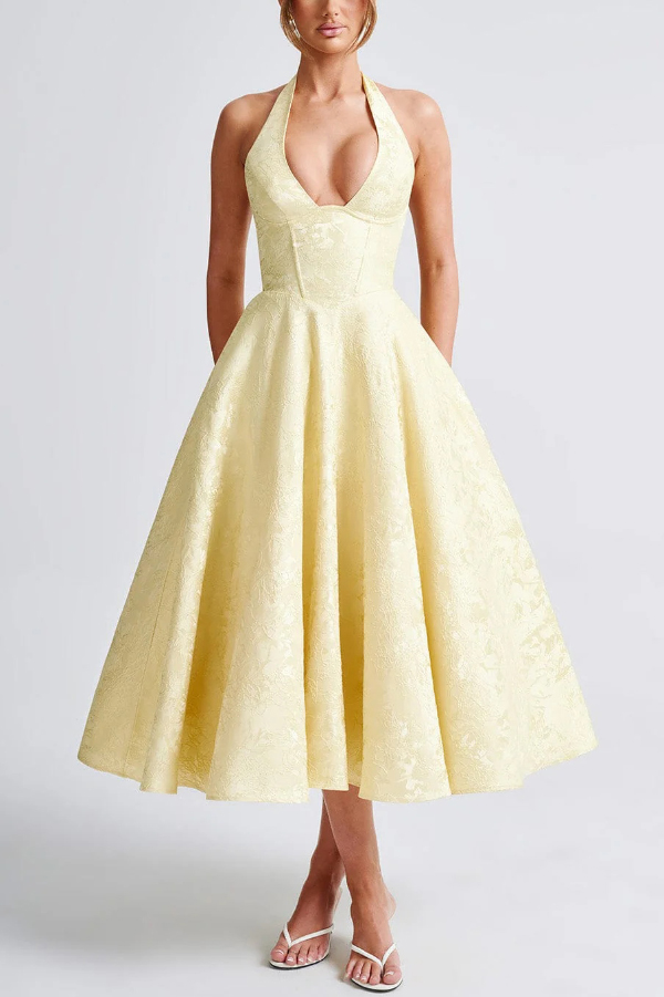 Stylish Jacquard Halter Neck Fitted Waist Open Back Elegant Midi Dress